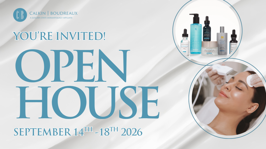 Calkin | Boudreaux, a Golden State Dermatology affiliate — You are invited! Open House, September 14th to 18th, 2026. Inset photos show a range of skincare products and a woman receiving a facial treatment.