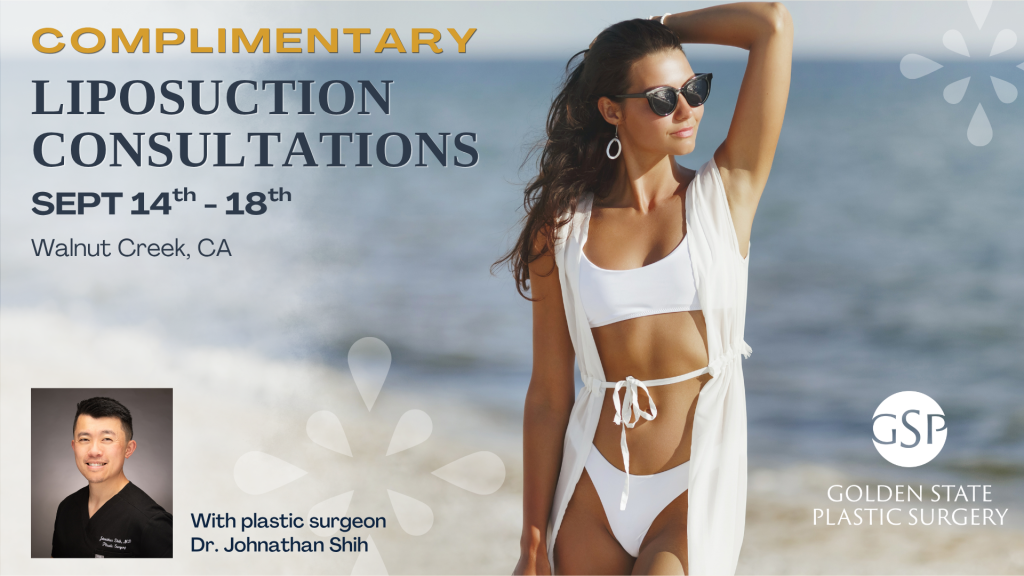 Golden State Plastic Surgery — Complimentary Liposuction Consultations, September 14th to 18th, Walnut Creek, CA, with plastic surgeon Dr. Johnathan Shih. A woman in white swimwear stands on a beach.