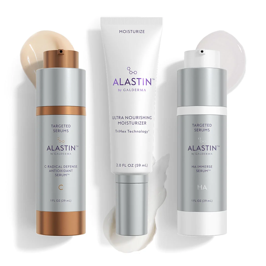 Alastin by Galderma products: C-Radical Defense antioxidant serum, Ultra Nourishing Moisturizer and HA Immerse serum