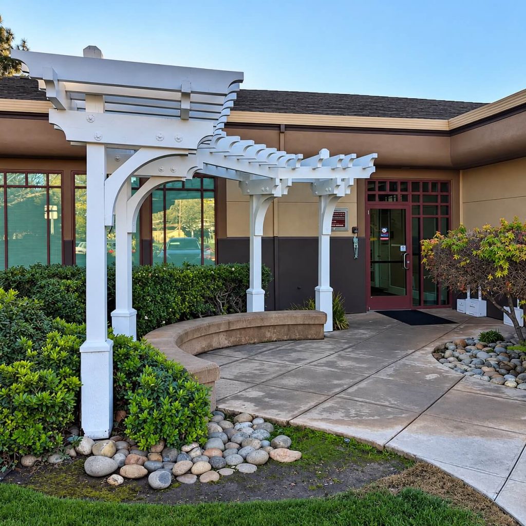 The entrance to Golden State Dermatology's Brentwood office at 1200 Central Blvd., under a white pergola