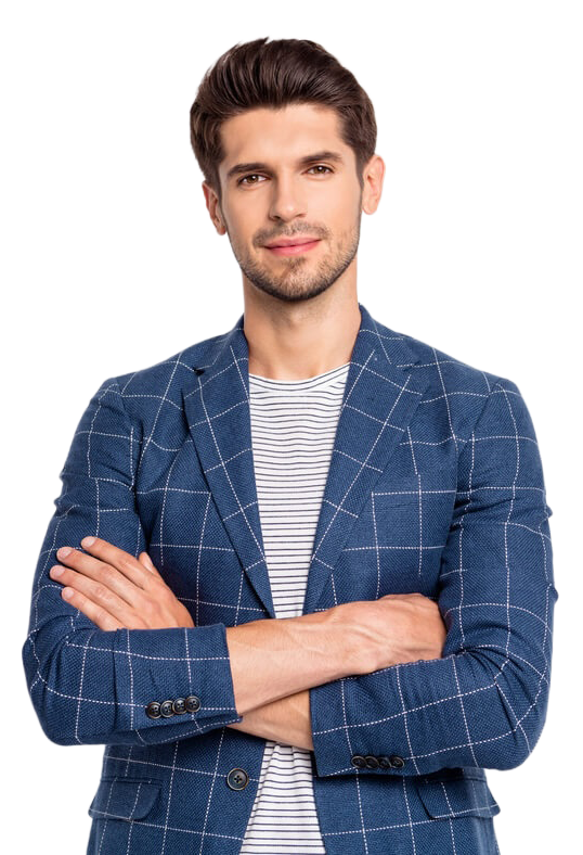Man with a full head of hair, arms folded