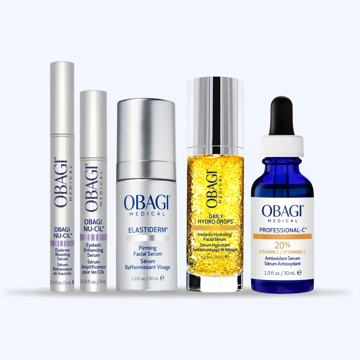 Obagi Medical products: Nu-Cil brow and lash serums, ELASTIderm firming facial serum, Daily Hydro-Drops and Professional-C 20% vitamin C serum