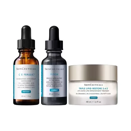 SkinCeuticals products: C E Ferulic and P-TIOX serums beside Triple Lipid Restore 2:4:2 cream
