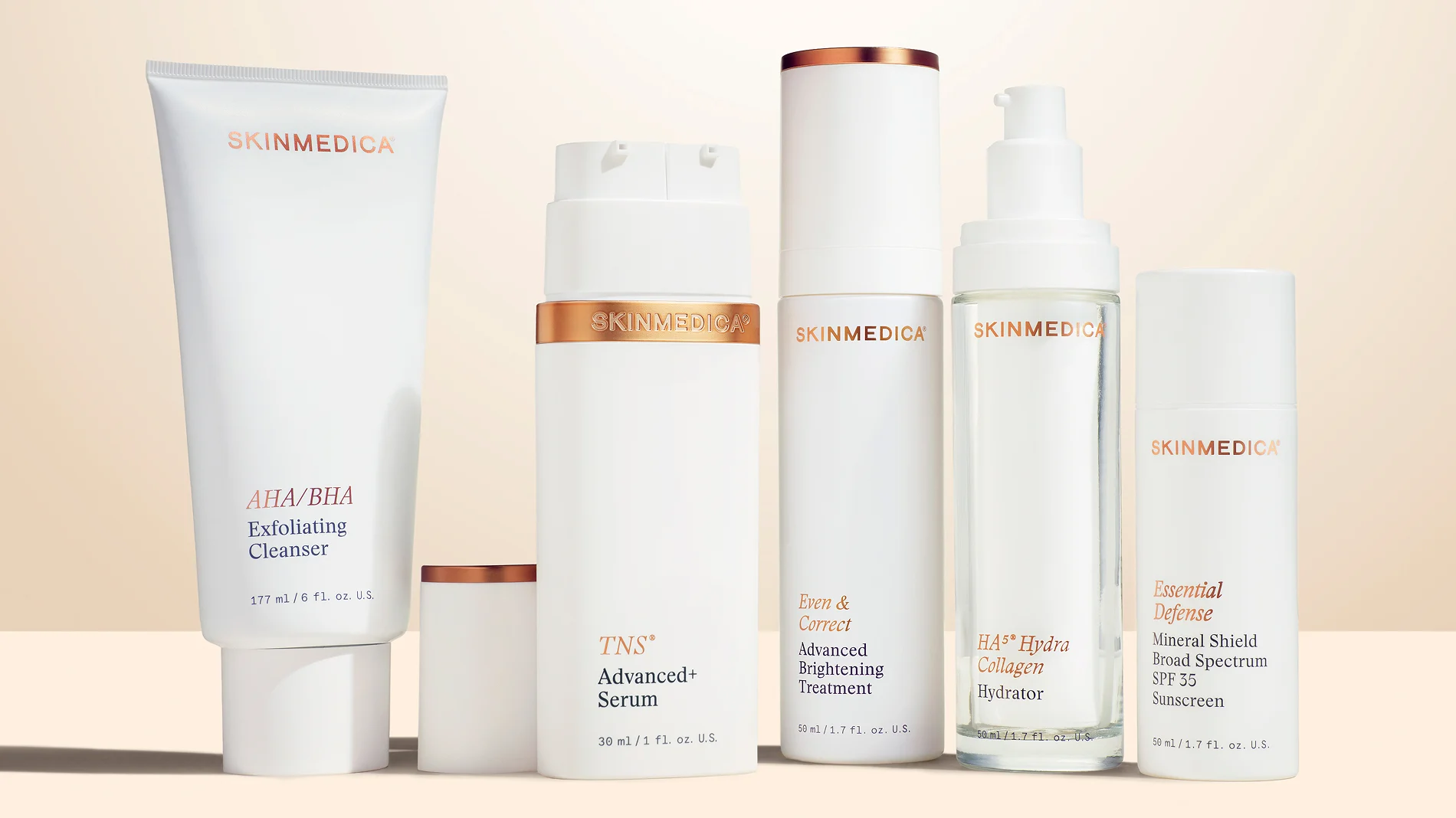 SkinMedica products: AHA/BHA exfoliating cleanser, TNS Advanced+ serum, Even & Correct brightening treatment, HA5 Hydra Collagen hydrator and Essential Defense SPF 35 sunscreen